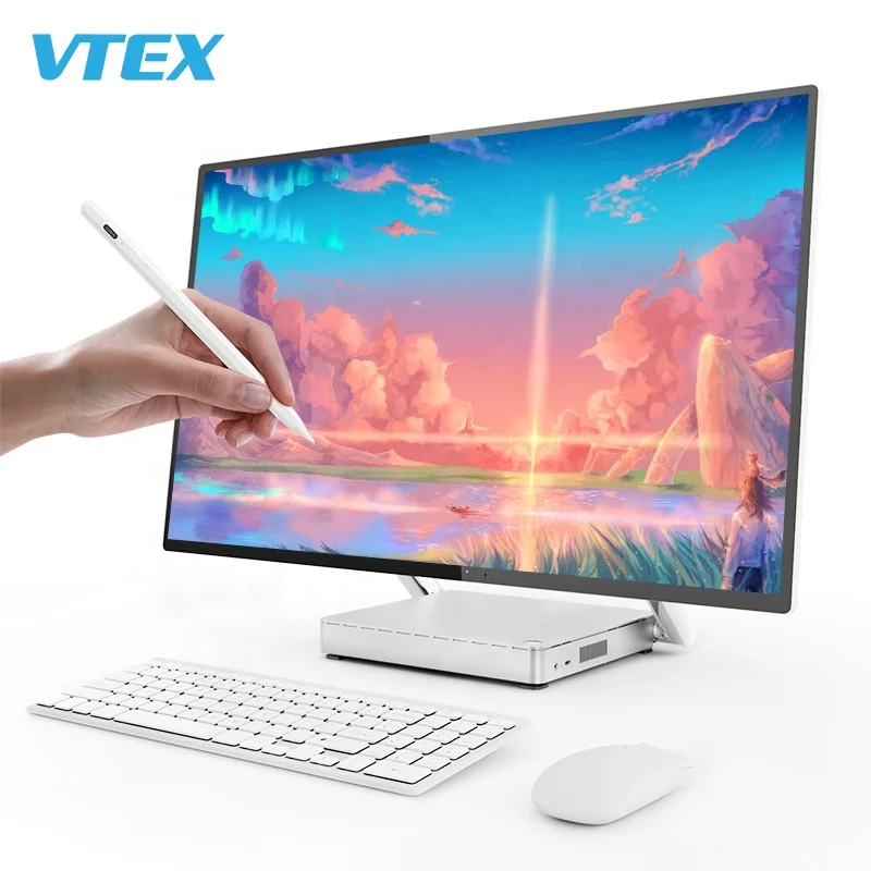 Three AIO models side-by-side: slim consumer model, large 32-inch touch unit, compact commercial variant