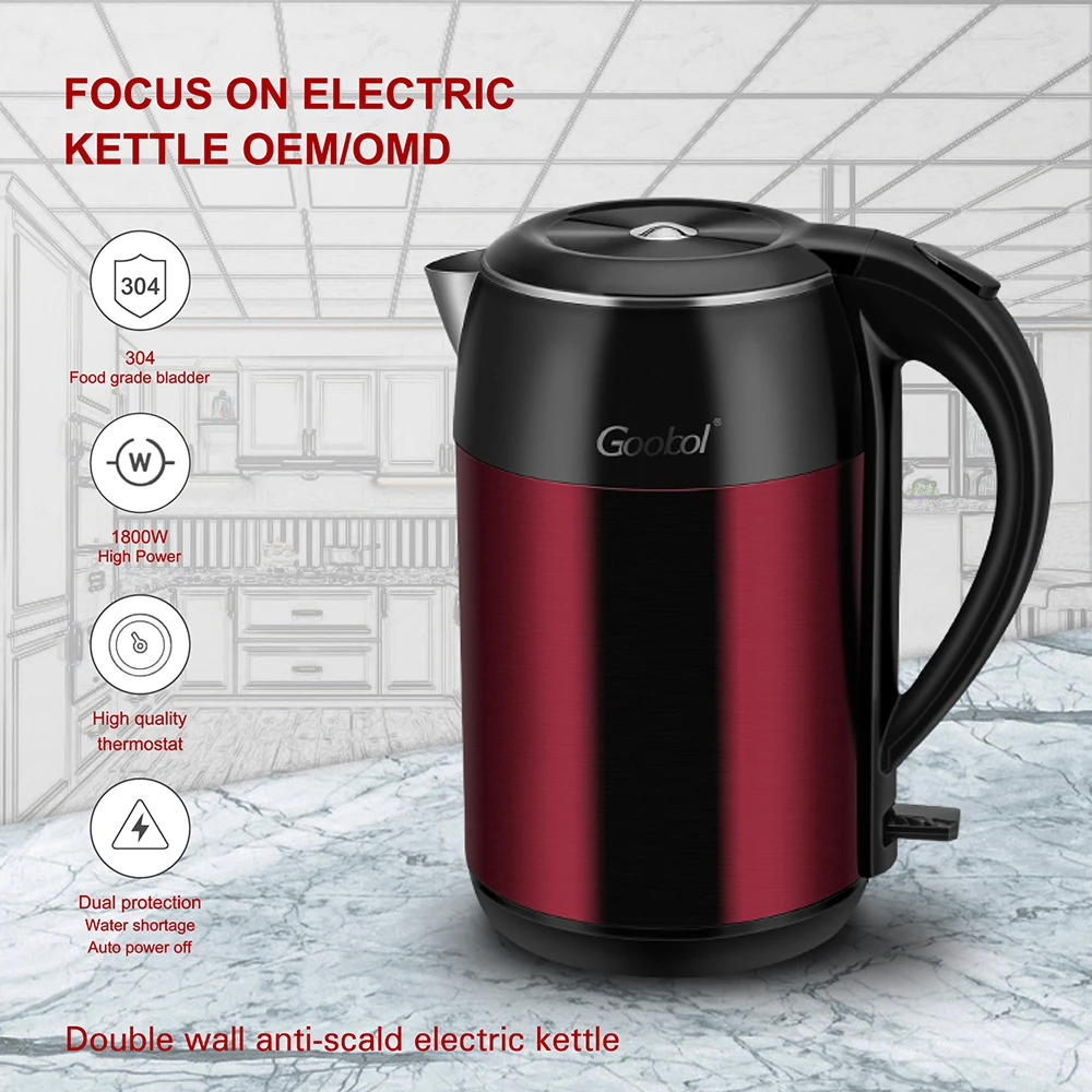 Double Layer Ss304 Electric Kettle Tea Pot Two Round Pins Plug Power