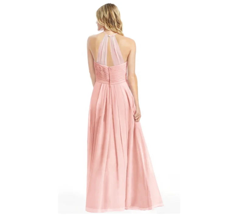 2020 Sexy Pink Halterneck Long Length Pleated A-Line Chiffon Bridesmaid Dress Formal Evening Party Ball Prom Gown Cocktail Dress