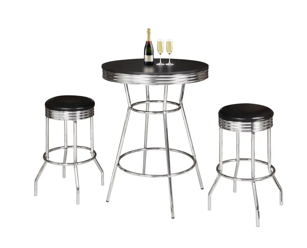 
Durable Dining Table Sets Black MDF Tabletop with Chrome Legs 3 PCS Pub Table Set 