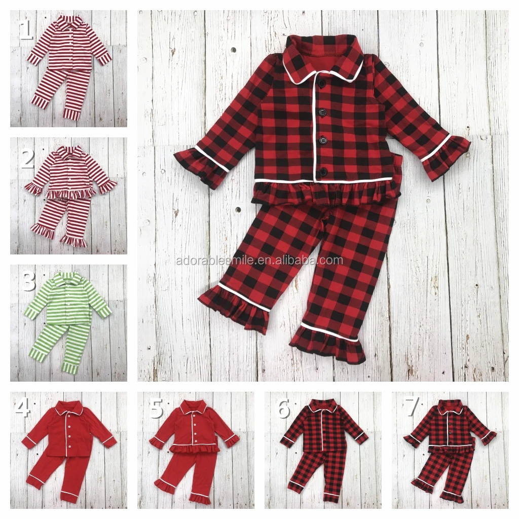 Wholesale Kids Red White Stripe Girls Ruffle Pajamas Family Christmas 