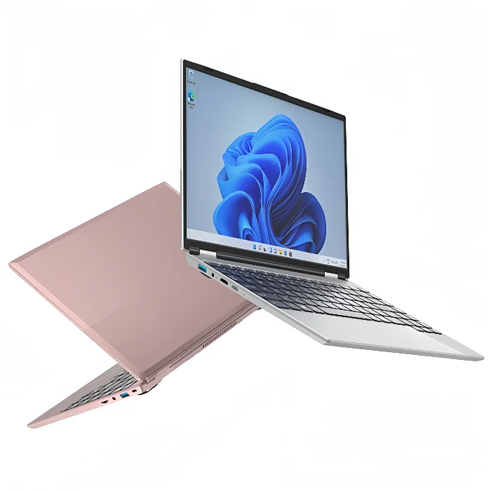 Side-by-side comparison of 14-inch and 15.6-inch laptop footprints on a desk