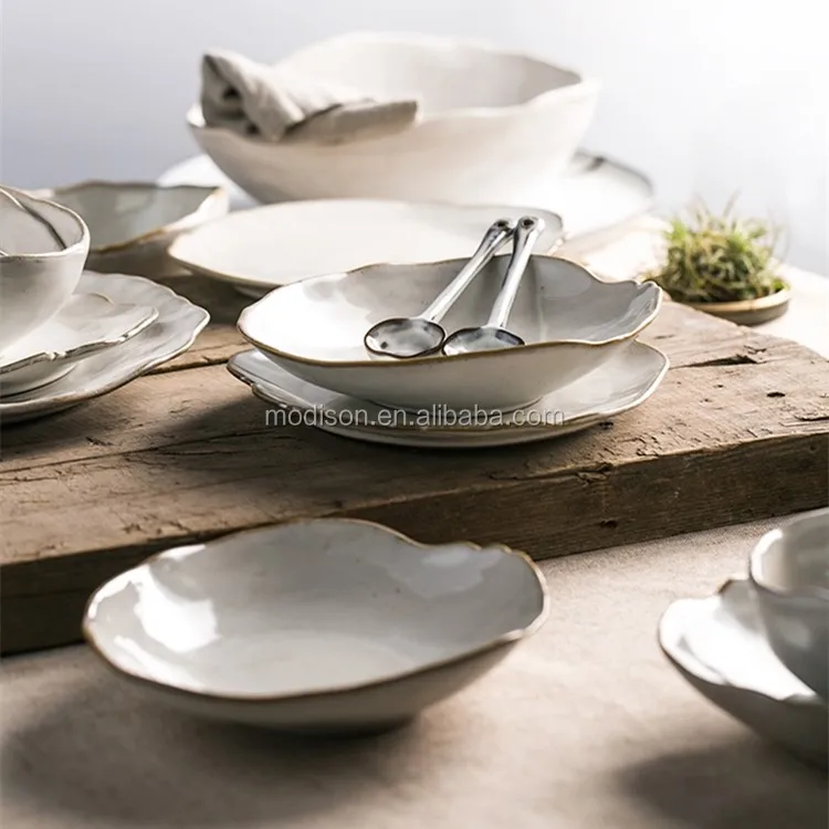 Nordic Ceramic Tableware Irregular Rice Bowl Dessert Salad Bowl Flat Plates Sets