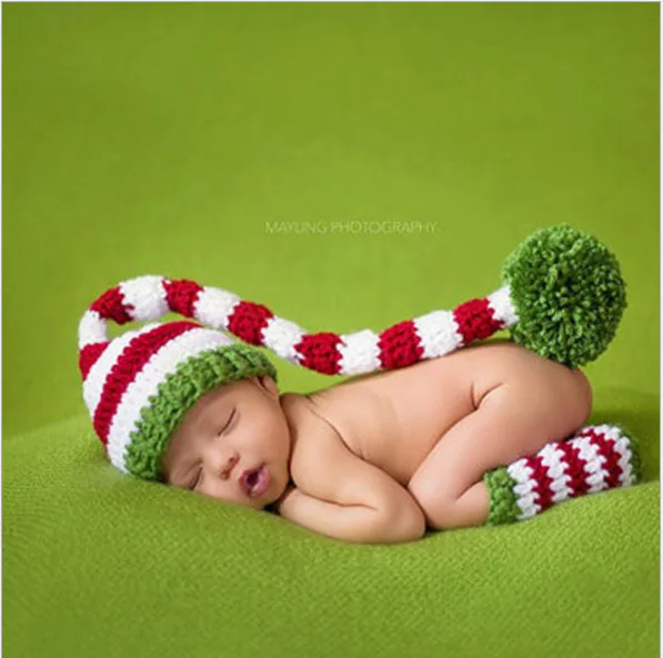 Christmas Baby Newborn Hat Crochet Long Tail Striped Photo Props Hat Cap Fashion 