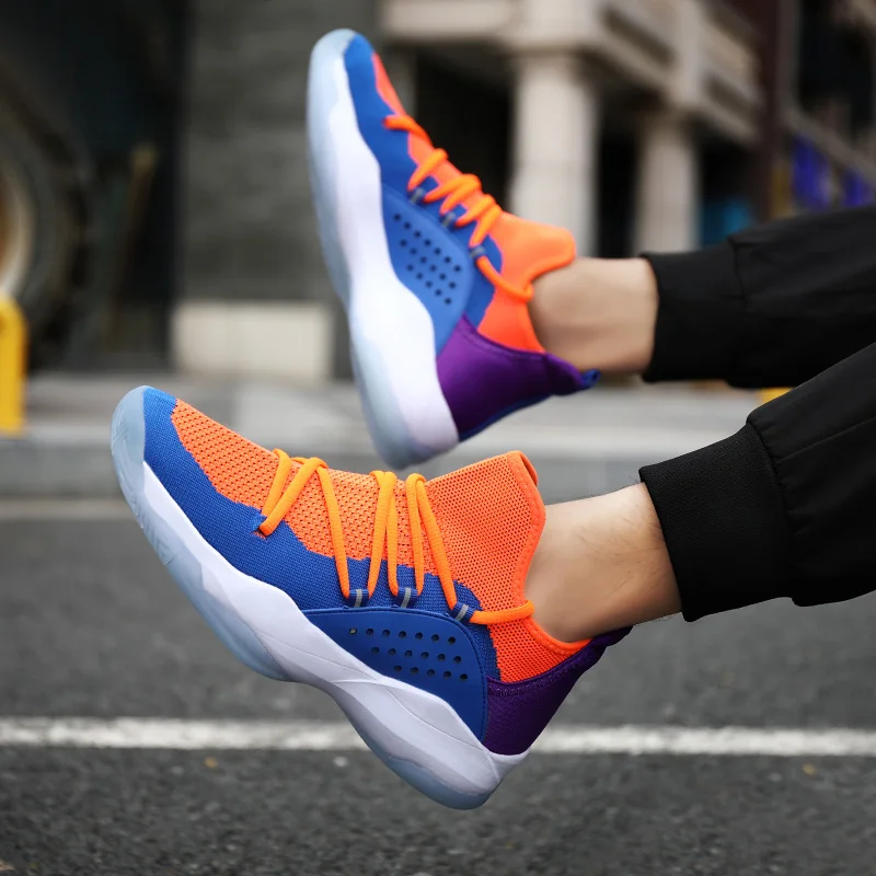 New High Top Basketball Shoes Men Breathable Knit Upper Fashion
