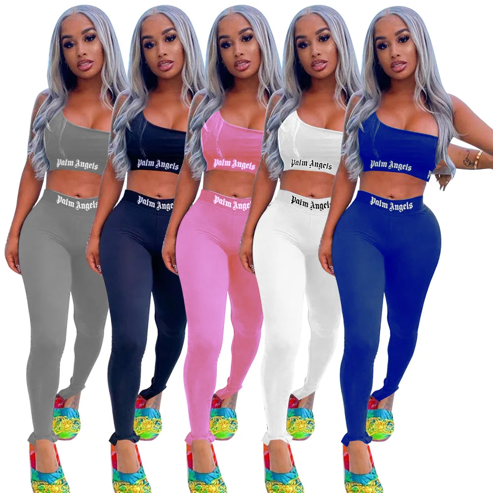 

QC-M6608 2021 street looks training sports wear one shoulder crop top gradient color casual women tracksuit set