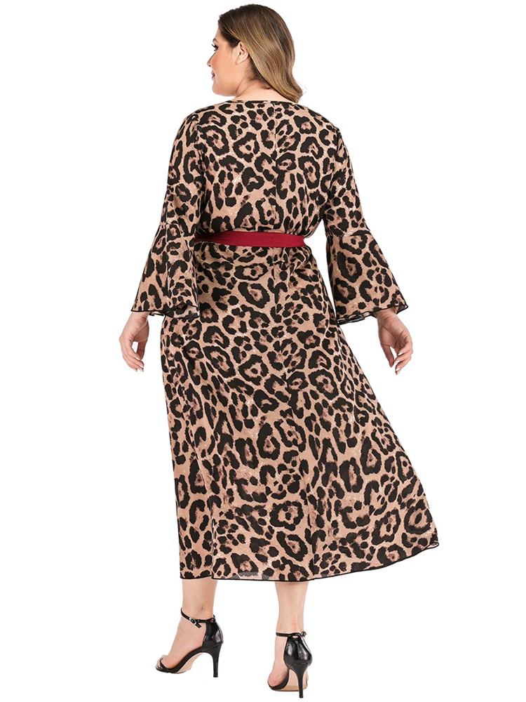 Spring Women Loose Long Sleeve V Neck Red Tie Lace Up Sexy Plus Size Leopard Maxi Dress