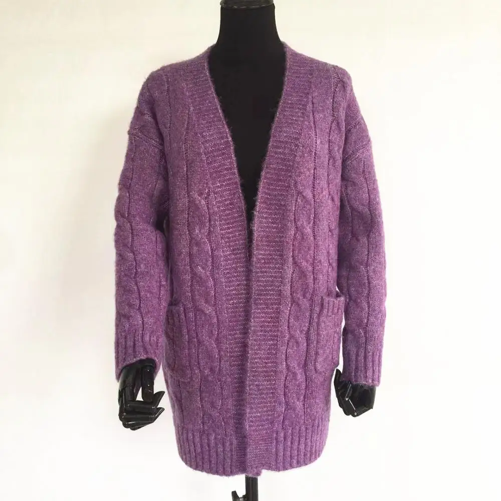 
2019 Winter Women Long Cardigan Sweater Knitted wool sweater cardigan Purple with Pocket 