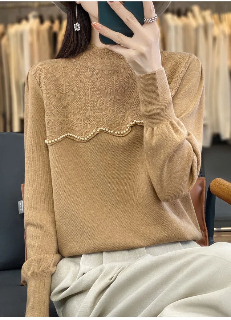 Winter New Vintage Half-Turtleneck Lace Base Shirt Women Fashion Pullover Sweater Anti-Pilling Korean Style Knitted Top