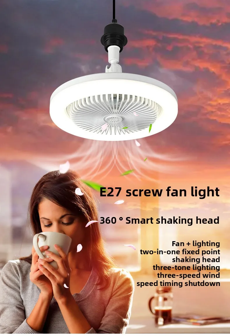 Hot-Selling Modern E27 Silent Adjustable LED Ceiling Fan Lamp Remote Control Universal Head for Bedroom Aromatherapy Fan Lamp
