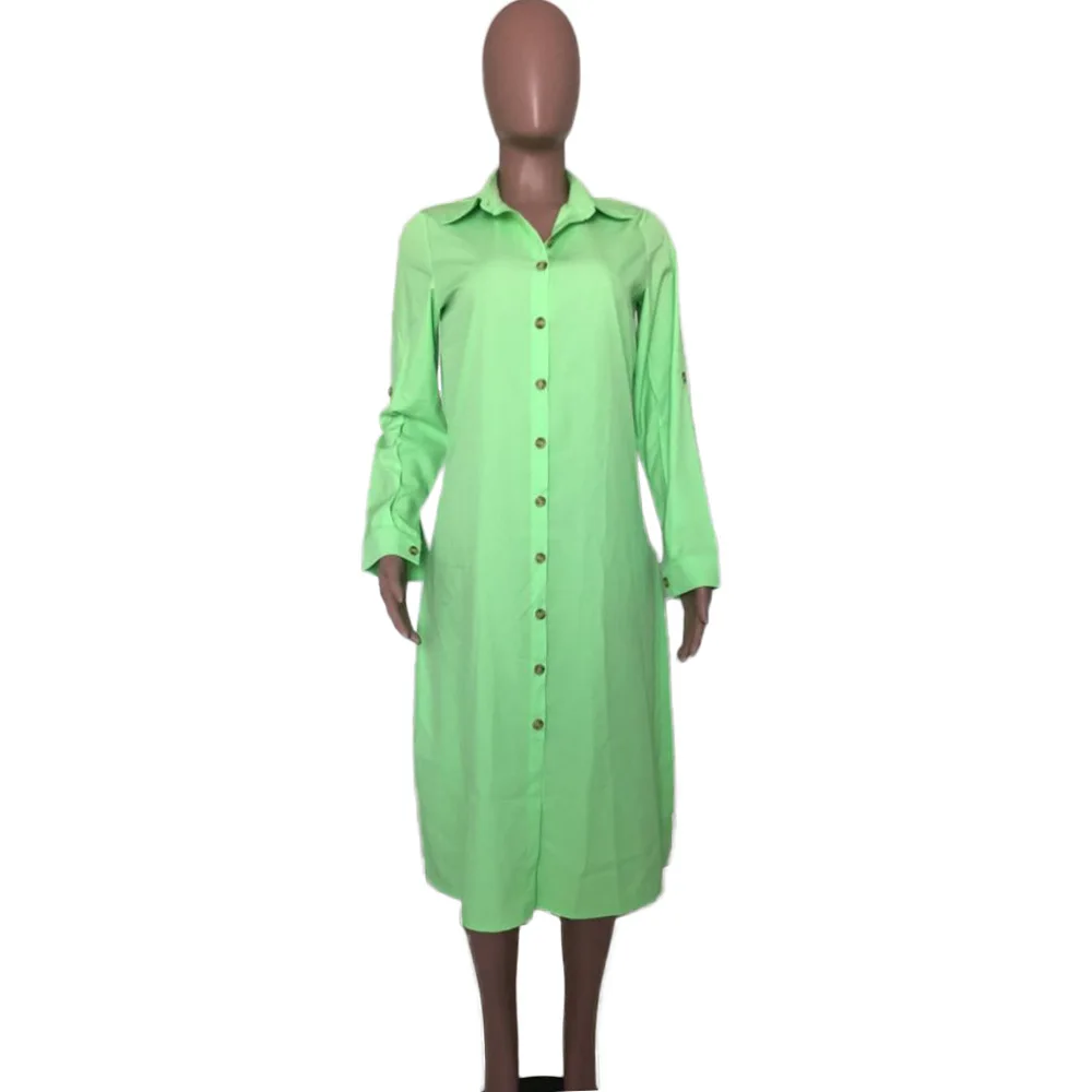 White Shirt Dresses Casual Button Up Long Sleeves Mid Calf African Fashion Women's Loose Robes Black Green africa clothing