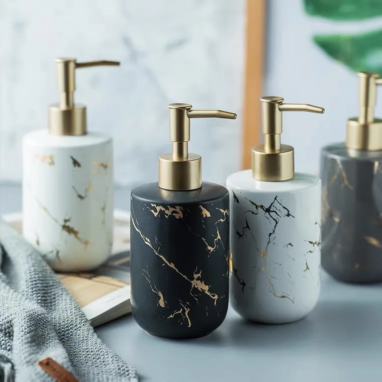 Luxury Marble Design Ceramic Black Gold White Shampoo Bathroom Set Liquid Soap Dispensers with Lotion Pump Bottles details