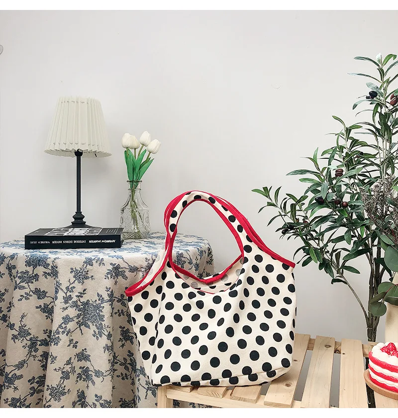 2024 Japanese Style Canvas Shopping Bag Fashionable Dot Casual Shoulder Handbag Outdoor Canvas Shopping Bag