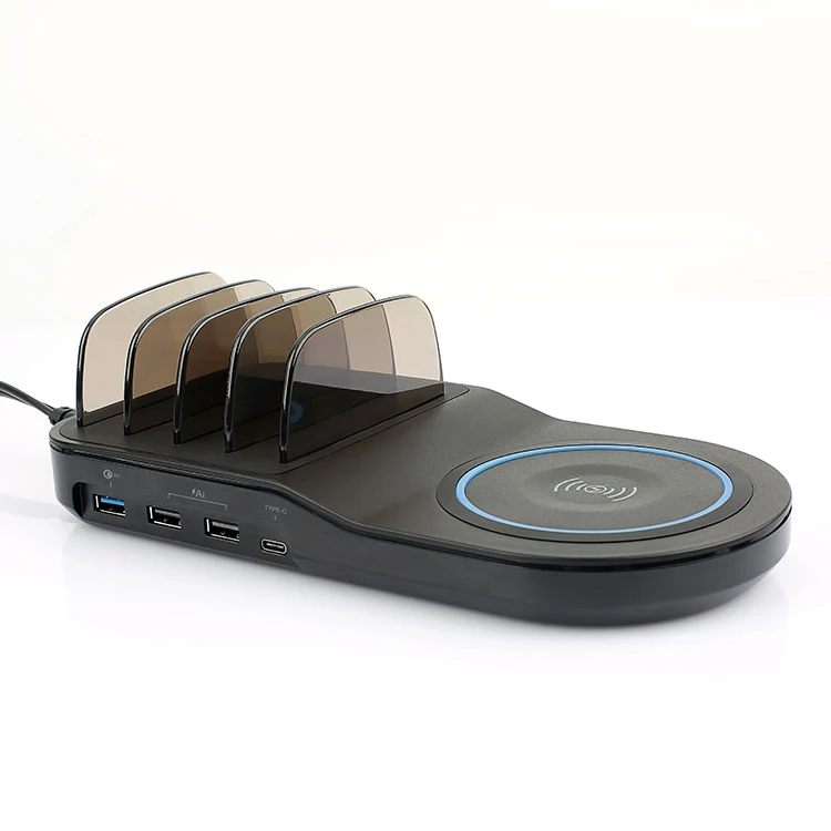 
Fast Charging Station with 4 USB Ports and 1 Qi Wireless Charging Pad for iPhone, iPad, Android Phones and Tablets 