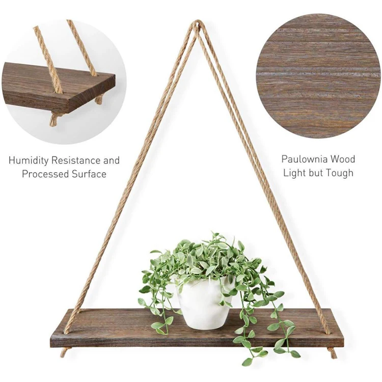 Rustic Wood Rope Hanging Plant Shelves For Home Decor