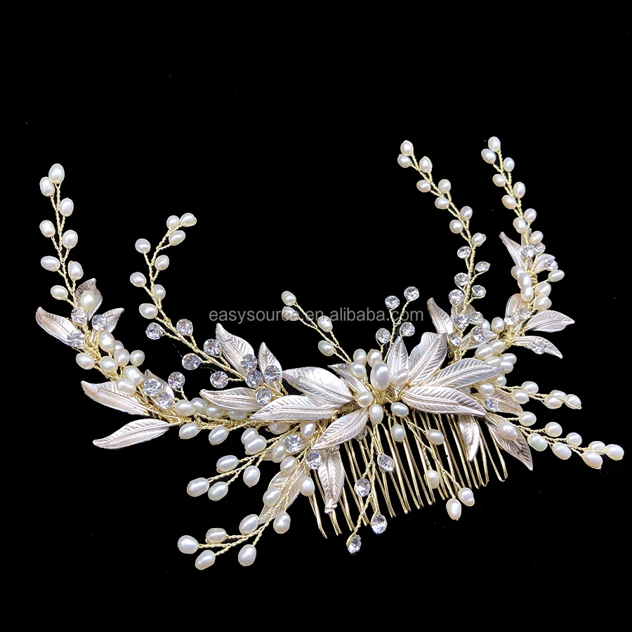 Fresh Water Pearls Bridal Hair Comb Light Gold Leaves Wedding Headpiece