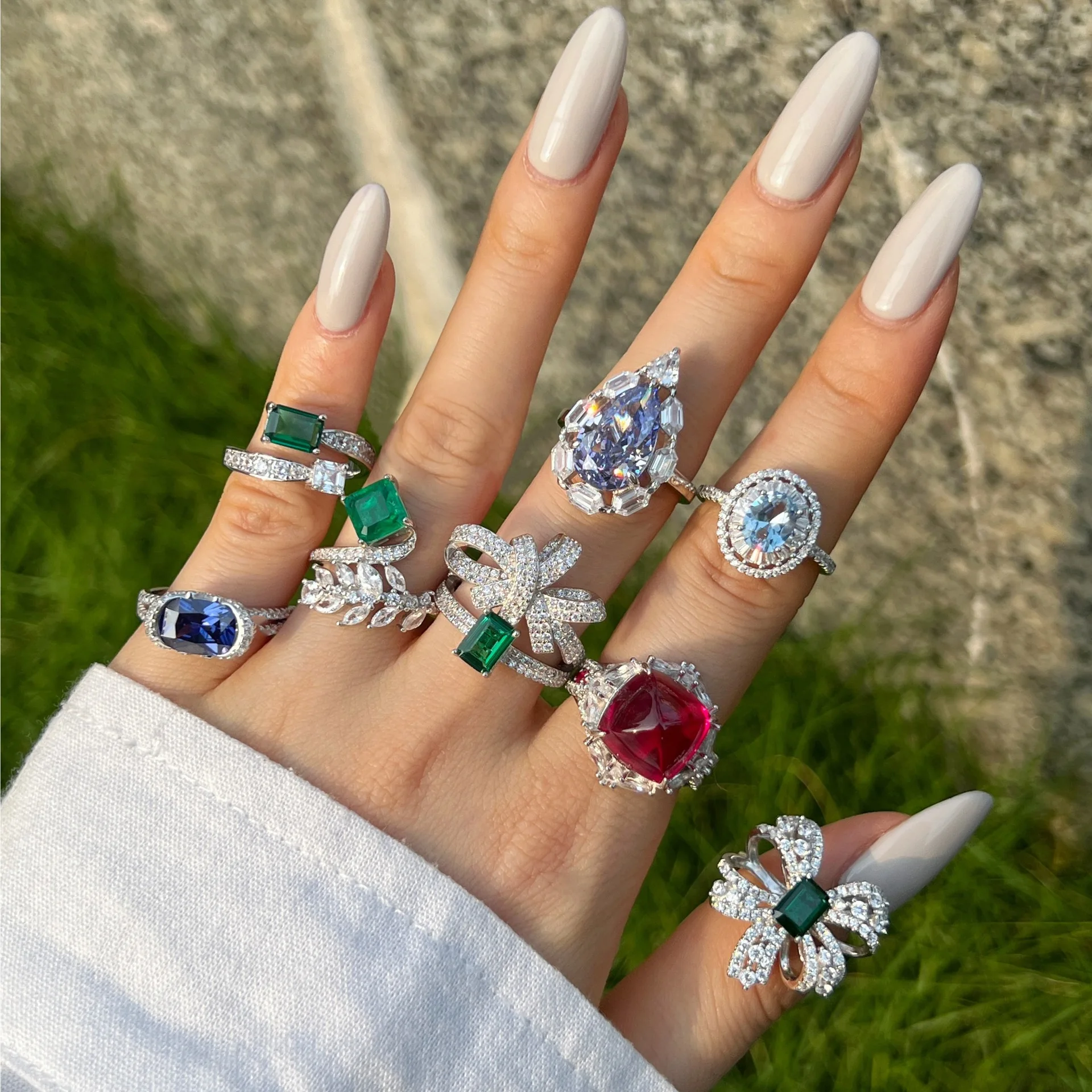 Women's S925 Sterling Silver Ring New Fine Gem Water Drop Geometric Bow Pagoda with Lab Diamond Gemstone Rings