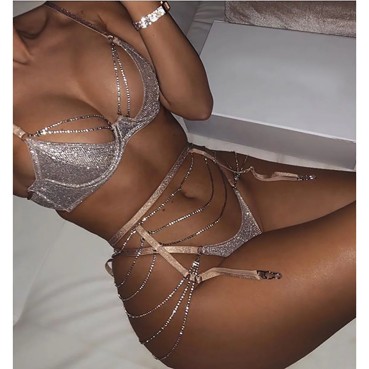 
sexy lingerie female metal diamond bikini style solid string women three-piece set seduction lingerie 