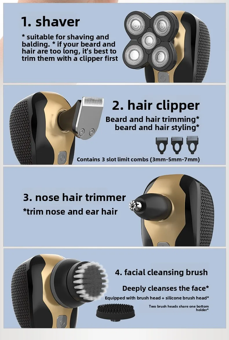 Custom 5-Blade USB Electric Shaver Bald Machine Washable Multifunction 5 in 1 LED Display Household Electric Shaver