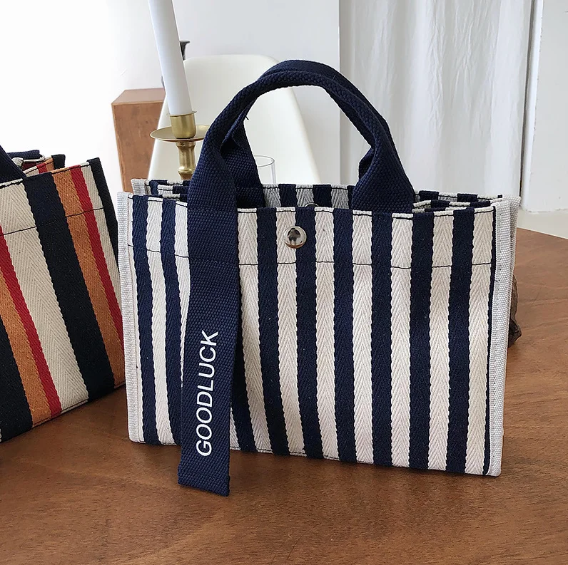 Women Striped Customized Cotton Canvas Bags Casual Large Handbag Canvas