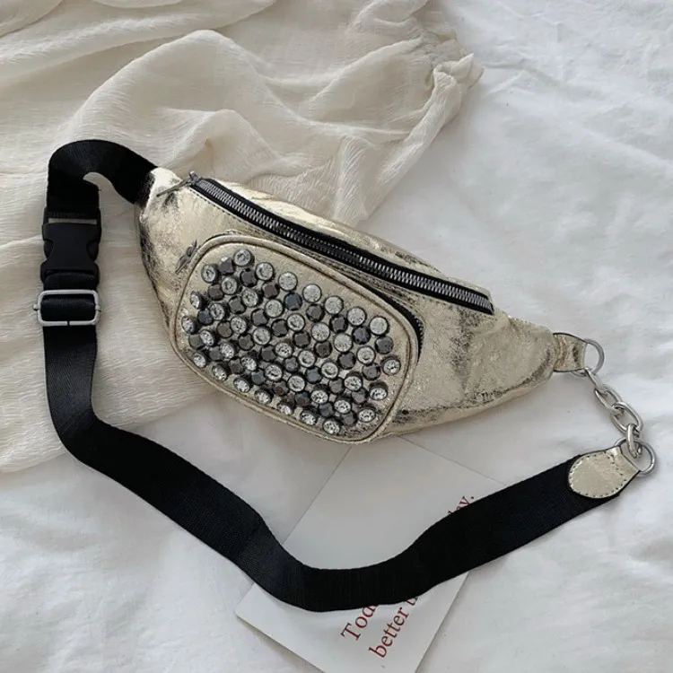 Women Sparkle Rivet Fanny Pack Studded Rhinestone Pu Glitter Waist Bag