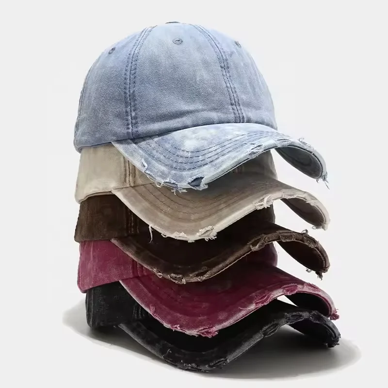 Wholesale Blank Worn Out Washed Style Sunhat 6 Panels Baseball Cap  Distressed Faded Denim Dad Hat Jean Blue Trucker Hat