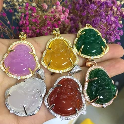 2020 ins women cz green iced out jade buddha mens real natural Jade laughing Buddha pendant necklace