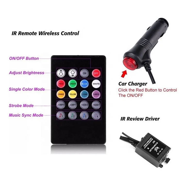 Remote control of decorative led 12V interior foot atmosphere Cigarette lighter RGB strip light