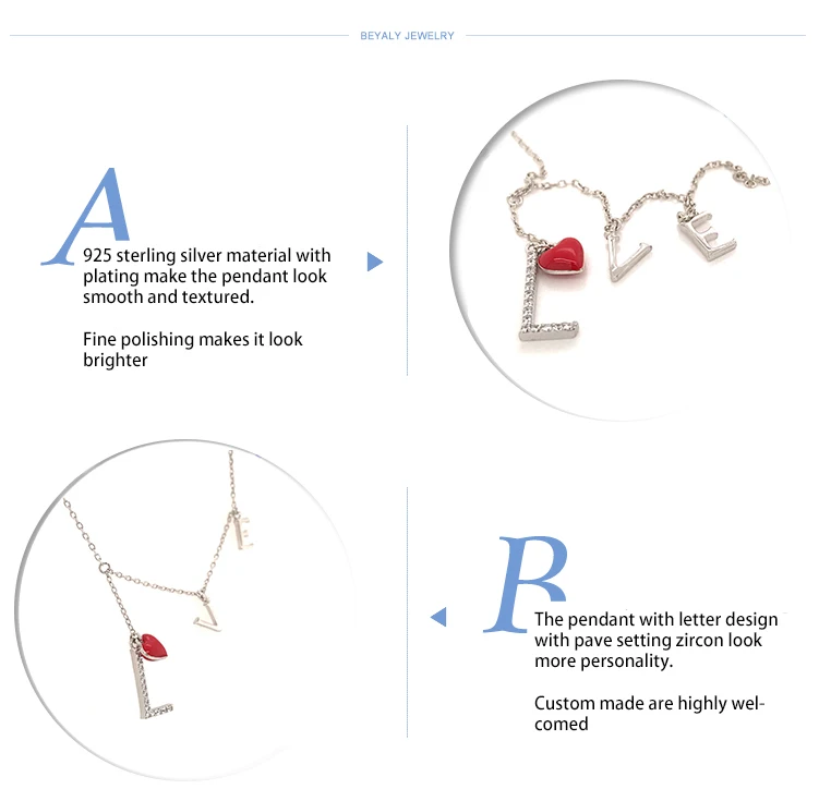 product-BEYALY-Cute Red Enamel Heart LOVE Letter Silver Chain Necklace Fashion Jewelry-img