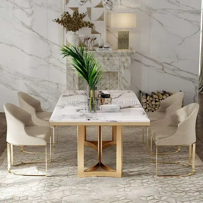 Luxury Dining Room Furniture Set Rectangular Marble Top Gold Stainless