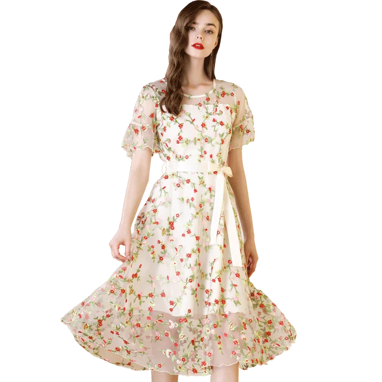 Hollow out ladies Pleated flower womens dresses 2018