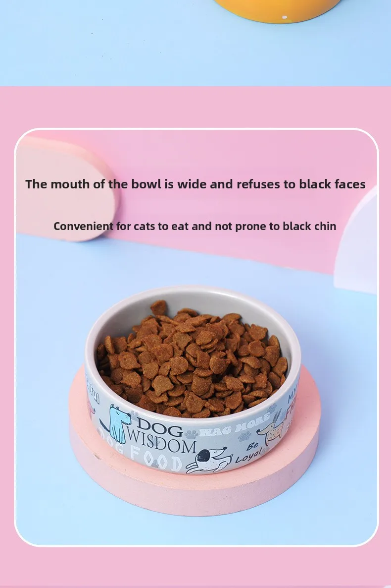 KM Ceramic Eco-Friendly Solid Pet Bowl Flat-Mouth Feeding Dish Neck Protection Slanted-Mouth Puppy Dog Bowl Indoor Use Cat