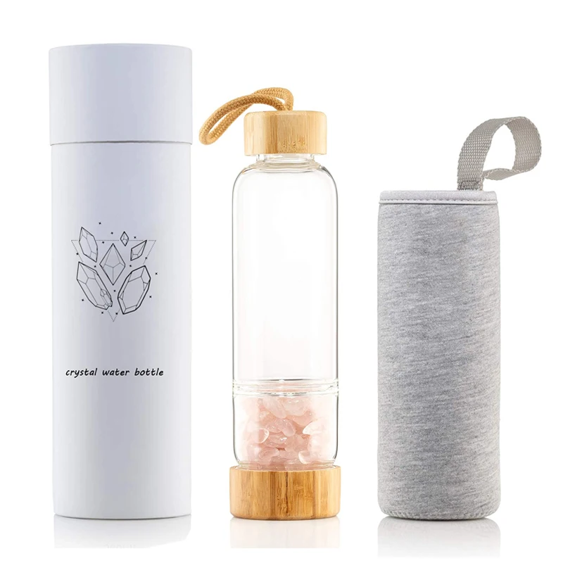 Natural Crystal Infused Glass Drink Water Bottle Bamboo Lid Gemstone