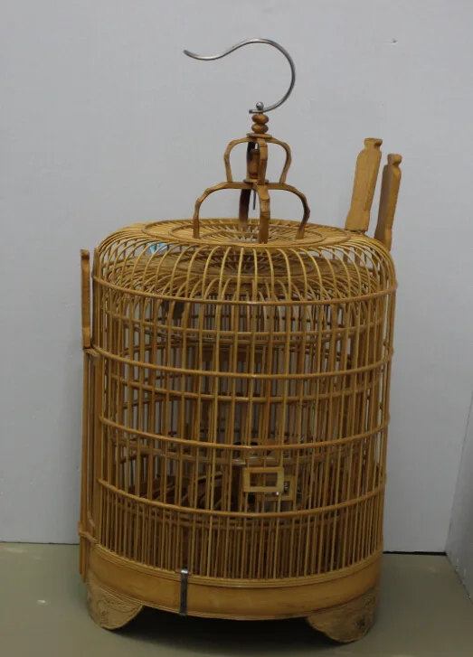Antique Round Bird Cage Wooden Bamboo Bird Cage Carrying Handle Bamboo