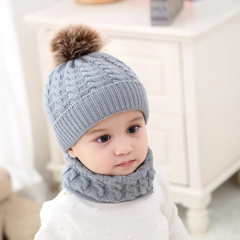 2Pcs Cap+Scarf Set Toddler Baby Boys Girls Winter Warm Knit Fur Ball Beanie Hat 