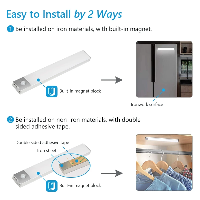Wardrobe Cabinet Cupboard Wireless Usb Battery Rechargeable Kitchen Night Lights Motion Sensor Under Counter Closet Lighting