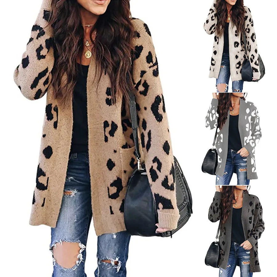 
2021 New arrival fashion Long Sleeve Open Knit Sweater Leopard Print Womens Cardigan Sweater 