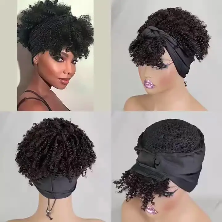 Hot Sale Black Pink Bangs 100 Human Hair Headband Wig Short Afro Puff Curly  Wig with Adjustable Headband for Black Women
