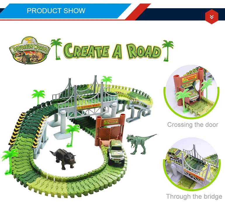 Dinosaur Toys 157pcs Slot Car Race Flexible Tracks 2 Dinosaurs,Create A Road Toy 