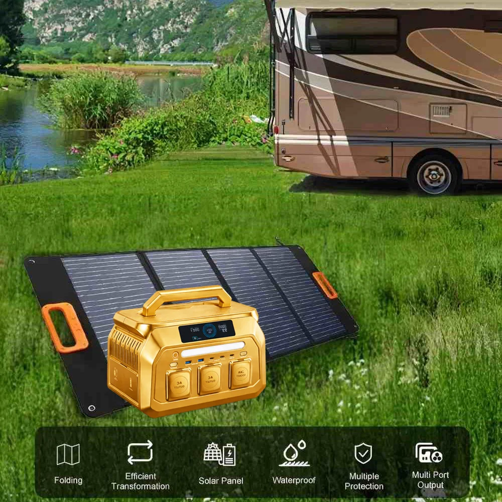 20W solar panel mounted on RV roof with SAE cable running to battery compartment