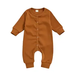 Long Sleeve Unisex Newborn Baby Premium Toddler Clothes Solid Color Baby Button Girls Bodysuit Plain Ribbed Baby Romper