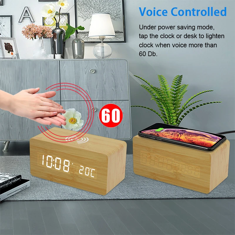 H6007 Led Wood Desktop Alarm Clock With Wireless Charger Led Display