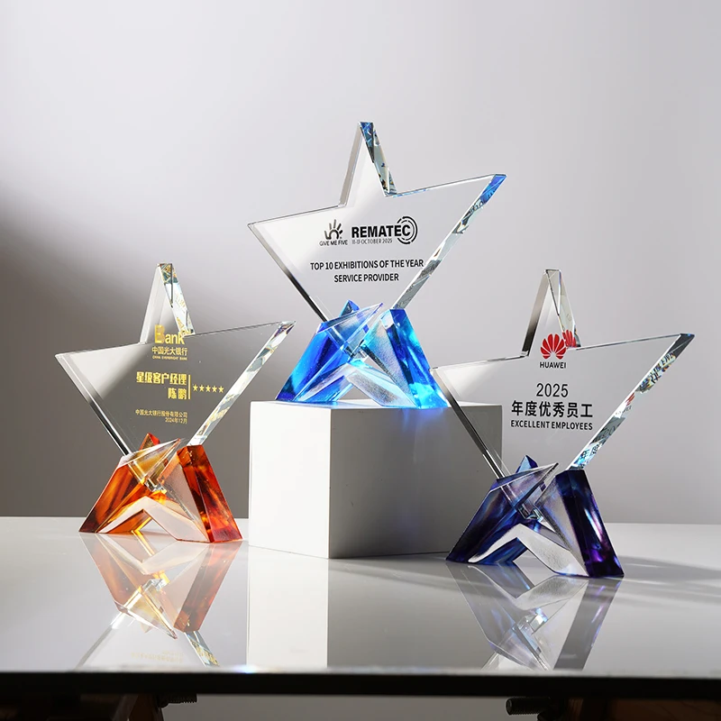 High-Grade Blue Star Crystal LiuLi Award Trophy UV Printed Souvenir Business Gift for Insurance Trade Show Giveaways-Wholesale manufacture