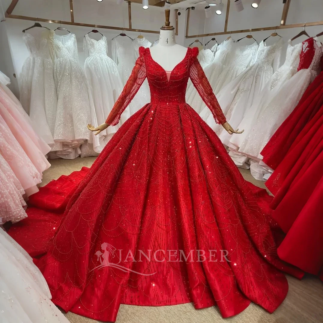 Dubai Gorgeous Lace Red Wedding Dresses Sparkly Marriage Arabic Bridal  Gowns Vestido De Novia Lsbh45