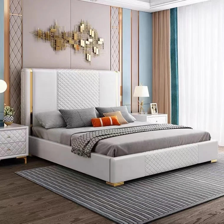 Modern Light Luxury Design Wooden King Bed Frame Bedroom Leather Double ...