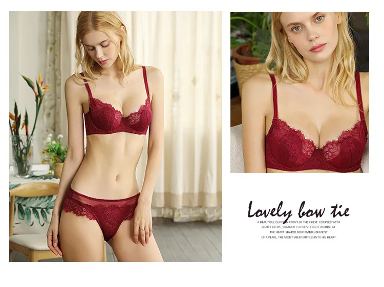 Women's Sexy Lace Thin Transparent Bra Set Large Size Wire-Free Support Adjusted Straps Breathable Solid Pattern Waist Thongs