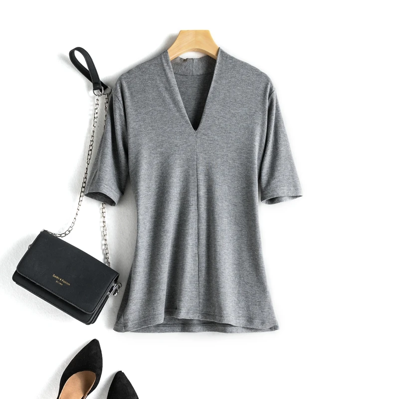 夏季女装休闲适合 v领短袖平袖棉短时尚 t恤