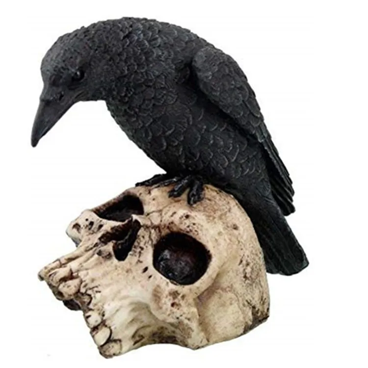 树脂/树脂万圣节工艺 5 英寸万圣节黑色乌鸦在骷髅头骨雕像雕像
