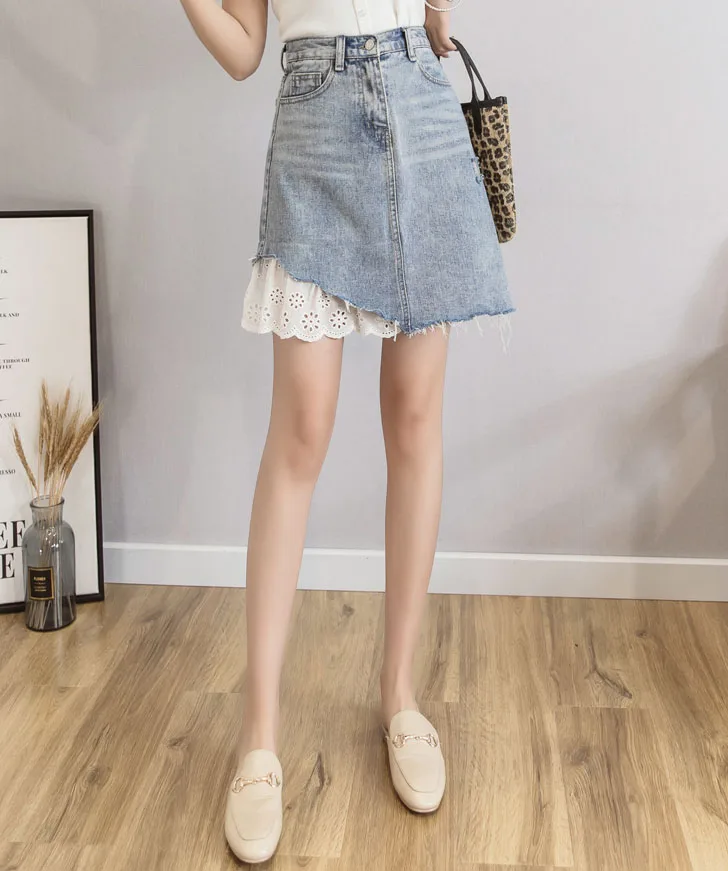 Summer Lace Raw Cut Skirt A-line Half Above Knee Length Grind Jean Girl ...