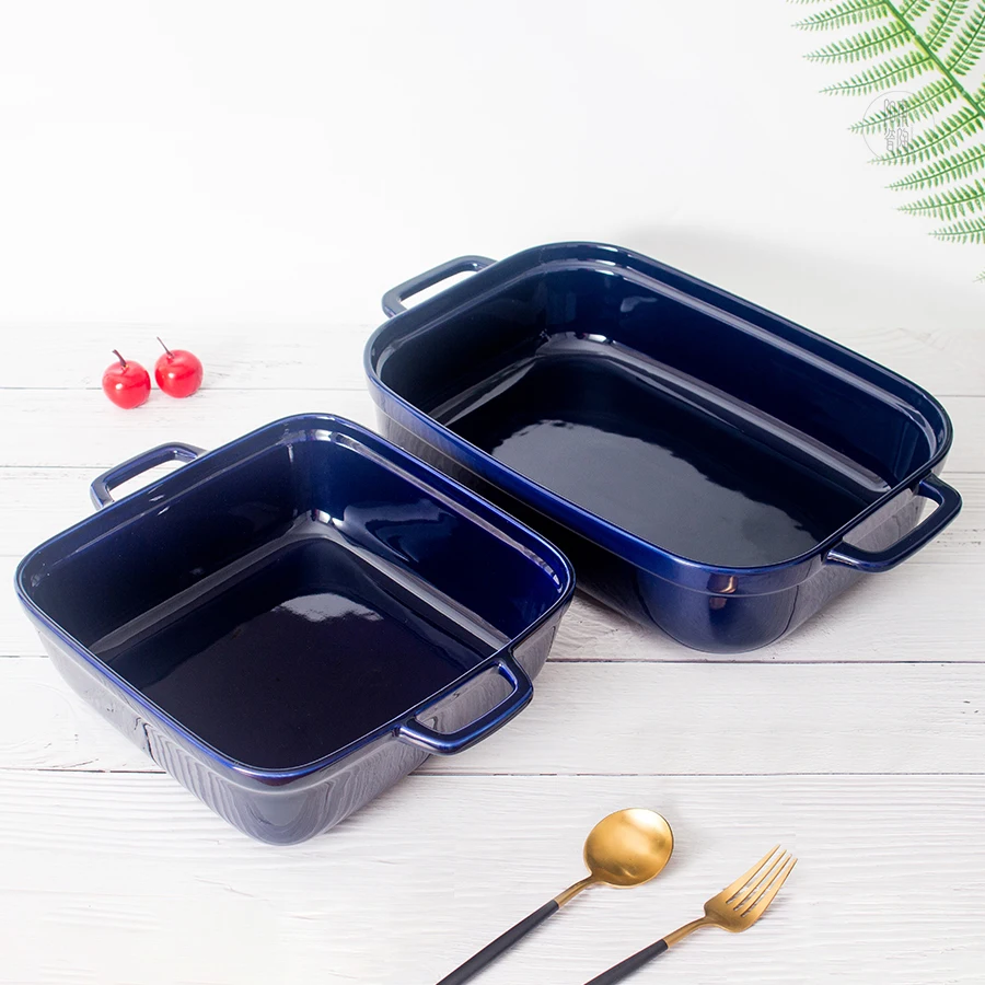Glaze Blue Rectangle Bakeware Set Baking Tray Custom Ceramic Casserole